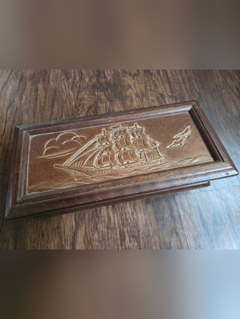 Carved Wooden Ship Trinket Box Filled With Jewelry